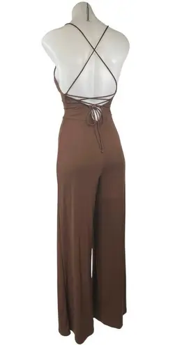 Bershka Brown Sleeveless Cross Back Lace Up Cami Tank Wide Leg Jumpsuit Size XS