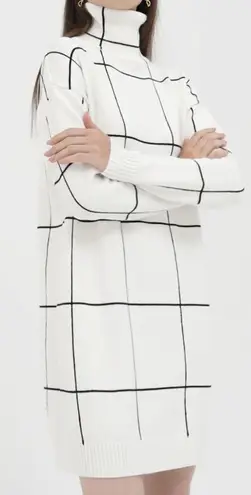CHIC WISH Warm Welcome Grid Pullover Turtleneck Sweater Dress Small Off White
