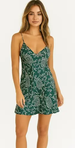 August Silk Y2K Silx forest green & white floral print silk slip dress. Medium