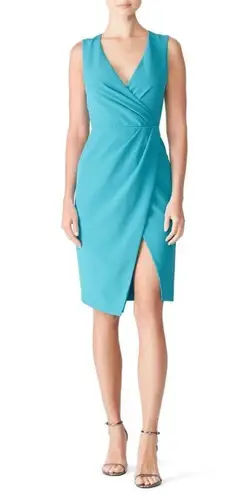 Black Halo Nora Teal Cyan Blue V Neck Sleeveless Sheath Faux Wrap Dress 4
