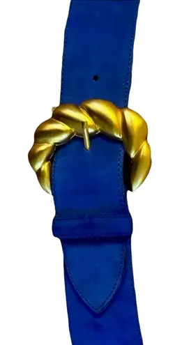 Unique Vintage AVIGNON Late 80ās Blue Suede Wide Belt w/Ornamental Gold Buckle Sz L #353 Spain