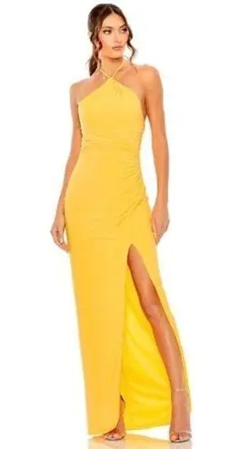 Mac Duggal Halter Neck Rouched Side Front Slit Gown in Marigold Size Large