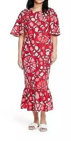 RHODE x Target Women's Linen Blend Floral Bell Sleeve Midi Dress Red Size 28