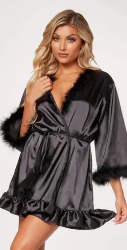 Seven Til Midnight Luxurious Black Satin Robe Ruffles Feather Trim Small NEW