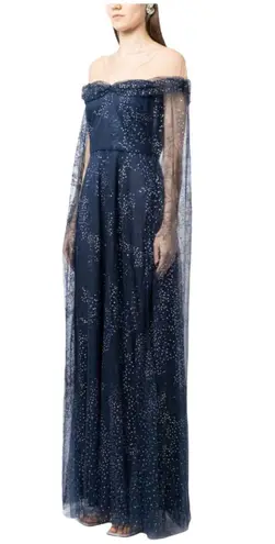 Marchesa Notte Tulle Overlay Cape Embellished Gown Blue Size 0