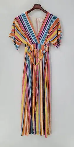 Harper Heritage Dress Small Multicolor Striped Tie Waist Wood Button Front
