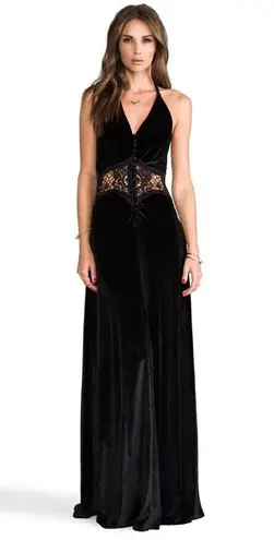 Revolve NWT Jarlo Siobahn Black Crushed Velvet Lace Cut Out Maxi Dress XXS Formal