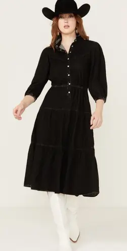 Driftwood Long Sleeve Tiered Denim Midi Dress Western Boho Bohemian Black