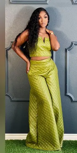 The Sang The Quilted Set Olive Sequin Bustier And High Waisted Wide Leg Pants Set Medium