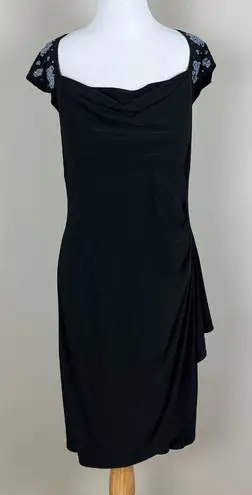 MSK Dress Womens 14 Black Cowl Neck Sheath Draped Waist Beaded Cap Sleeve Knee