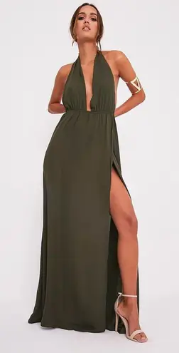 Pretty Little Thing Alina Khaki Plunge Maxi Dress