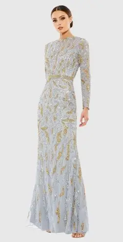 Mac Duggal Gray Beaded Long Sleeve Evening Gown in Platinum Gold 8