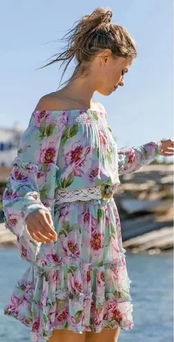 Miss June Paris Fleur Dress Off the Shoulder Floral Print One Size Blue Size undefined