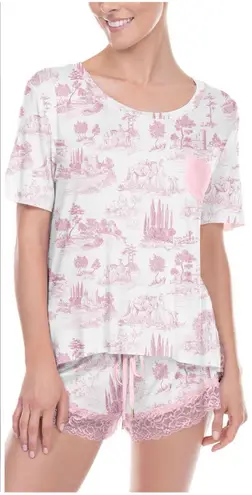 Honeydew White Pink Toile Lace Trim Pajama Set Shirt & Shorts Sleepwear Size XL