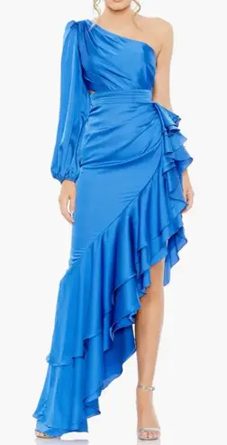 Mac Duggal Pleated Cascade Detail One-Shoulder Satin A-Line Gown Size 6 Cobalt