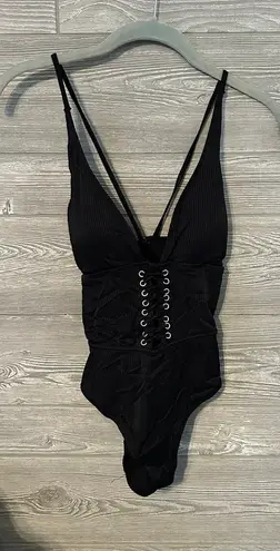 Tinibikini Womens One Piece Swimsuit Black Stretch Plunge Neck Lace Up Strap S - Image 1