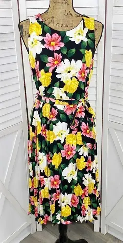 T Tahari Floral Print Accordion Pleat Belted Dress Sleeveless Black Multi Small