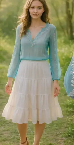 Y2K April Cornell Baby Blue Embroidered Sheer Fairy Blouse Long Sleeve L Size L