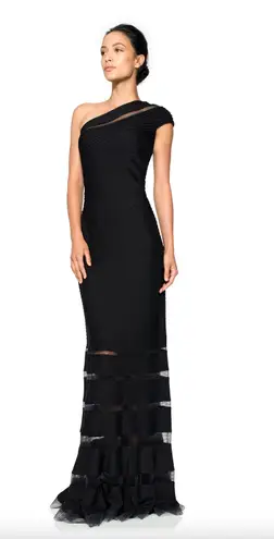 Tadashi Shoji Black Pintuck Jersey One Shoulder Gown