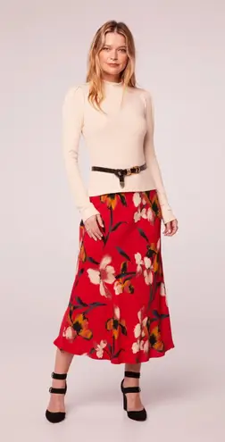 Band of the Free Womens Heart Beat Floral Midi Skirts Side Slit Large Red NWT