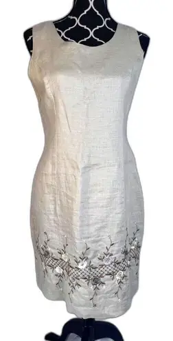 Cali Cali Beige 100% Linen Sleeveless Embroidered Hem Sheath Dress Size 6