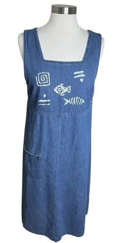 Vintage Blue J Jumper Dress Womens Small 100% Cotton Denim Shift Fish Print Boho