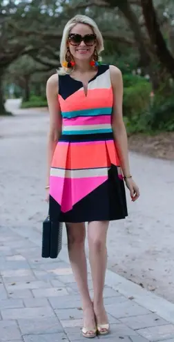 Julie Brown Harlyn Striped Neon Colorblock Fit & Flare Sleeveless Dress Size 8