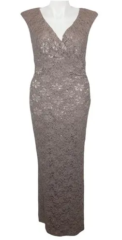 Connected Apparel Dusty Taupe Maxi Sequined Lace Evening Gown- Size 12