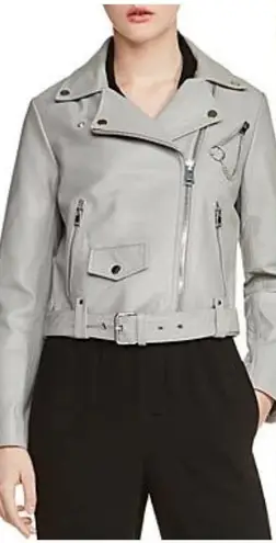 Maje Bassung Belted Leather Motorcycle Jacket Gray