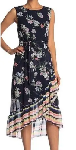 Sandra Darren Dress Floral Stripe Ruffle Hem Belted Womens Size 8 Petite