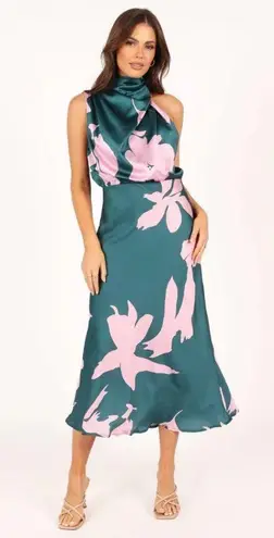Petal and Pup Anabelle Green & Pink Floral Satin Halter Neck Midi Dress L