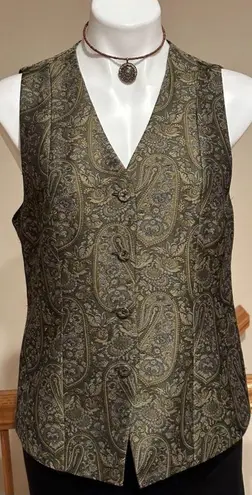 Anne Klein Anne Kline II Gold Olive Green Gray Paisley Fabric ButtonVest Sz 10. Full Lining