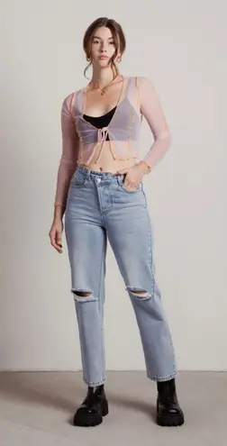 Blue Blush SEE IT ALL SHEER CONTRAST OVERLOCK CROP TOP IN BLUSH