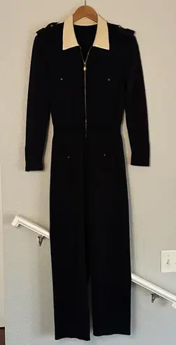 Vintage Rena Lange Navy Blue Jumpsuit Classic Logo Gold Buttons Zip Up Size 40 Size M