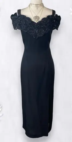 Vintage Made in USA Black Romantic Goth Off Shoulder Sequin Lace Midi Dress M Size M