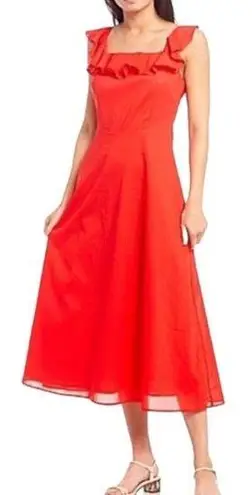 New Cremieux Dress Womens 4 Midi Smocked Back Ruffle Shoulder Summer Red Coastal