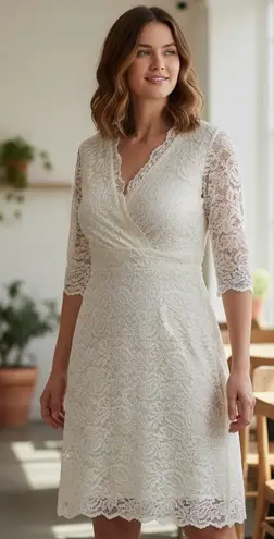 Kiyonna Bridal Bella Lace Dress Ivory 3/4 Sleeve V Neck Wedding Size 0x (10
