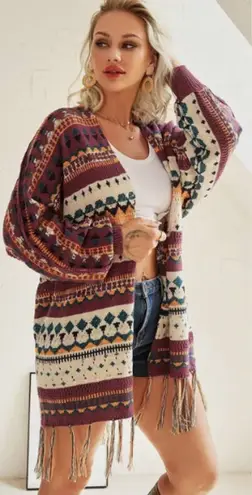SPLA Womens Boho Ethnic Southwestern Knit Fringe Open Front Cardigan Size S