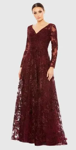 Mac Duggal 20409 Embellished Illusion Long Sleeve V Neck Gown Mahogany 10 NEW