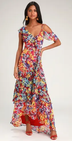 LULUS Radiant Floral Flower Chiffon Ruffles Maxi Dress Ruby Red Size Medium NEW - Image 1