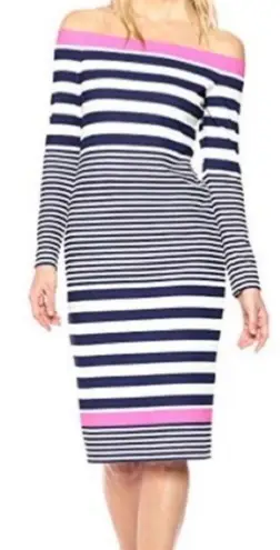 Eliza J Dress Womens Size 8 Petite Pink Blue Striped Off Shoulder Long Sleeve