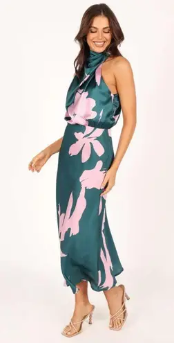 Petal and Pup  Anabelle Green & Pink Floral Satin Halter Neck Midi Dress L