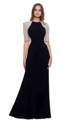 XScape Women's Crew Neck Black and Nude Beaded Illusion Slim Gown,10P