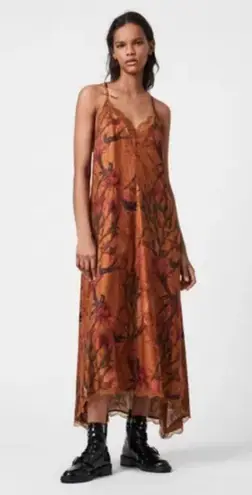 ALLSAINTS 💕 Seinie Nolina Slip Dress Cinnamon Brown Floral Bird Print US 0 NWOT
