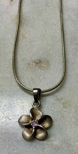 Sterling Silver Pink Stone Plumeria Hawaiian Flower Pendant Necklace 16”