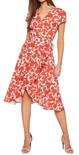 Bardot Women's Fiesta Floral Faux Wrap Short Sleeve Dress in Red Size 12