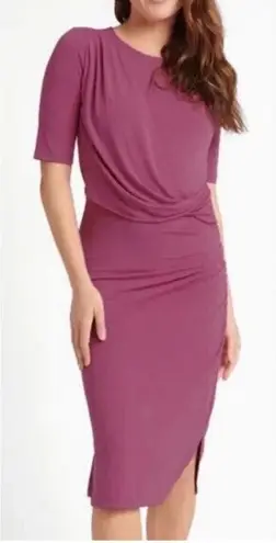 Betabrand Drape Jersey Stretch Midi Dress Pink Women’s M Ruched Fitted Rayon