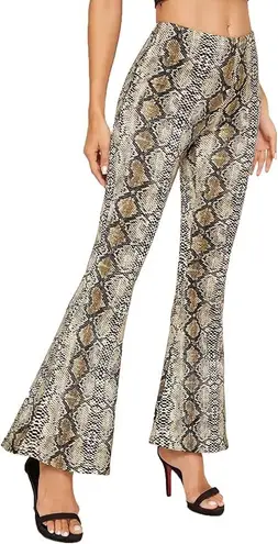 WDIRA Snakeskin Print Stretchy Flare Leg Pants Tan Size L
