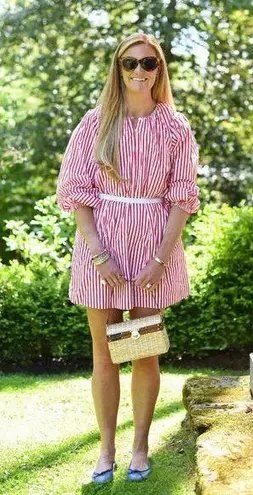 NWT Addison Bay Cotton Poplin Port Dress Super White Poppy Stripe Medium Red