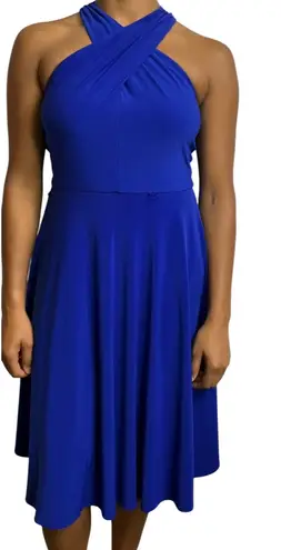 Tahari Royal Blue Dress Crisscross Halter Neck Sleeveless Midi Party Cocktail 4